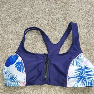 Women's Blue Tropicall Leaf Print Swim Top